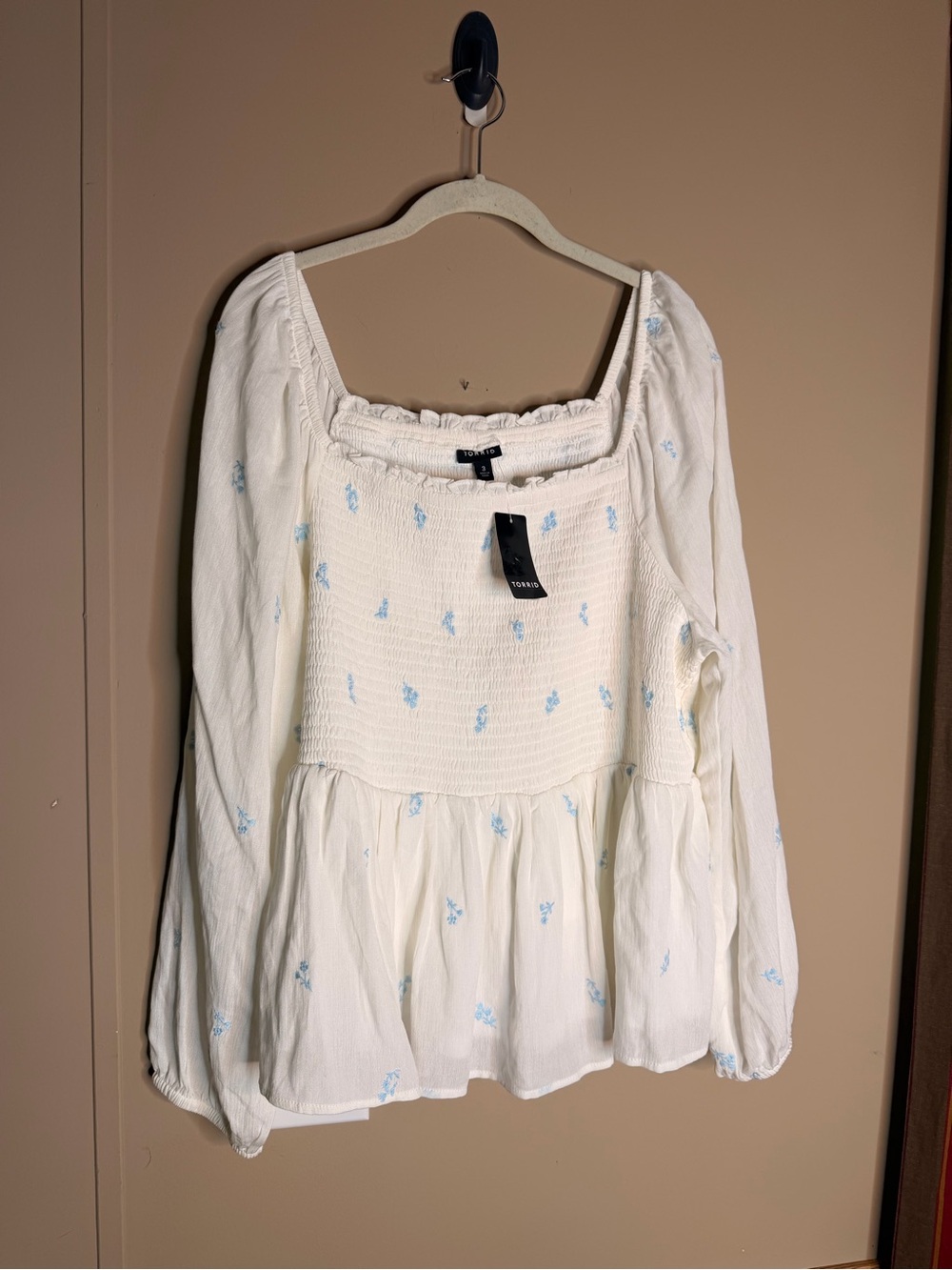 torrid Cream Peasant Blouse with Light Blue Floral Embroidery